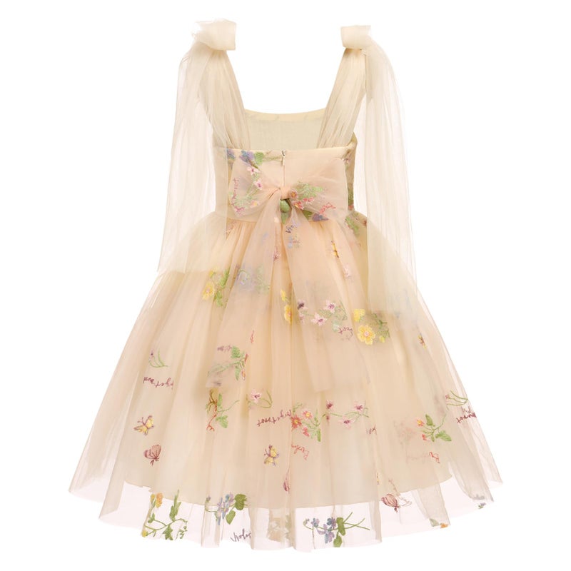 ODOLDI Embroidered Flower Girl Dress Toddler Sleeveless Spaghetti Straps Floral Embroidered Dress Baby Girl Dress Wedding Birthday Formal Party Photoshoot Tulle Dresses Apricot 12-18 Months - Image 3