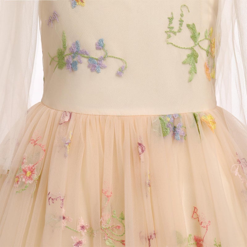 ODOLDI Embroidered Flower Girl Dress Toddler Sleeveless Spaghetti Straps Floral Embroidered Dress Baby Girl Dress Wedding Birthday Formal Party Photoshoot Tulle Dresses Apricot 12-18 Months - Image 4