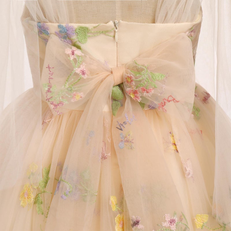 ODOLDI Embroidered Flower Girl Dress Toddler Sleeveless Spaghetti Straps Floral Embroidered Dress Baby Girl Dress Wedding Birthday Formal Party Photoshoot Tulle Dresses Apricot 12-18 Months - Image 5