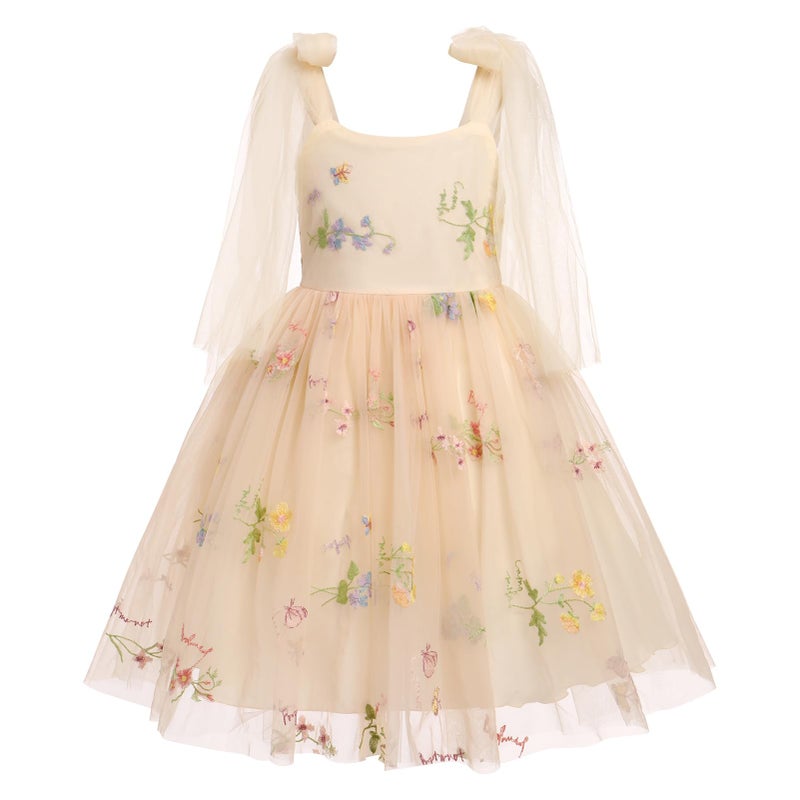 ODOLDI Embroidered Flower Girl Dress Toddler Sleeveless Spaghetti Straps Floral Embroidered Dress Baby Girl Dress Wedding Birthday Formal Party Photoshoot Tulle Dresses Apricot 12-18 Months - Image 1