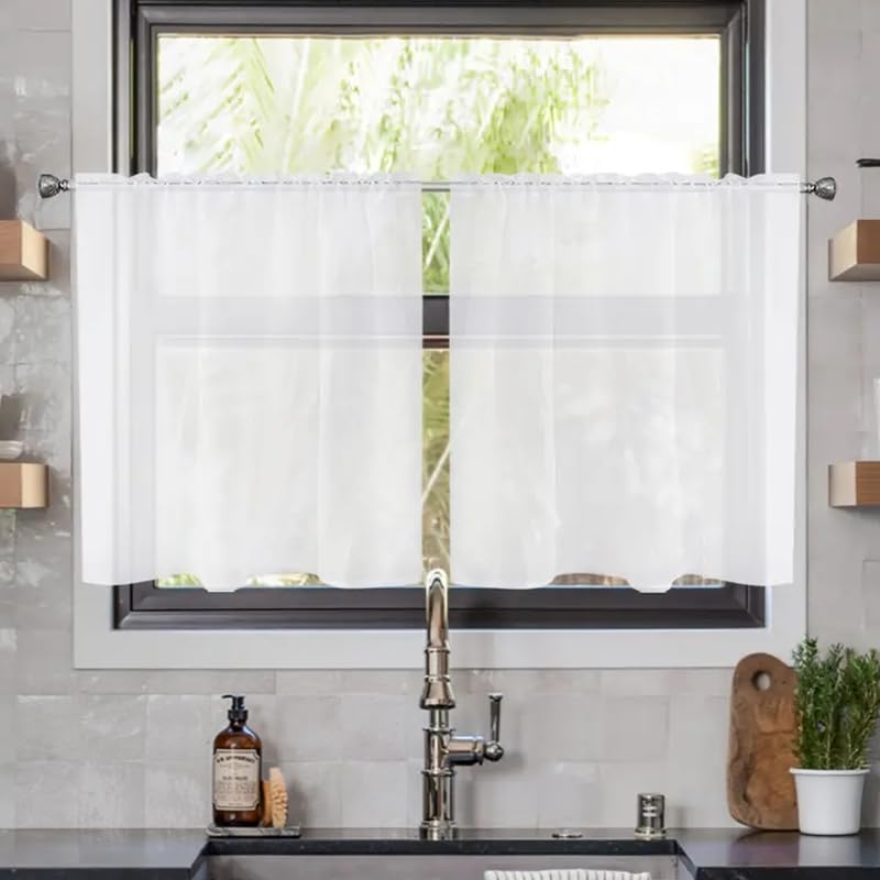 youleyar Solid Sheer Rod Pocket Curtain Voile Draperies 2 Panels White Beige Black Grey Coffee 26 Inch Width 24 Inch Long 1 Pair for Kitchen Bedroom Children Living Room Yard(White 26Wx24L) - Image 1