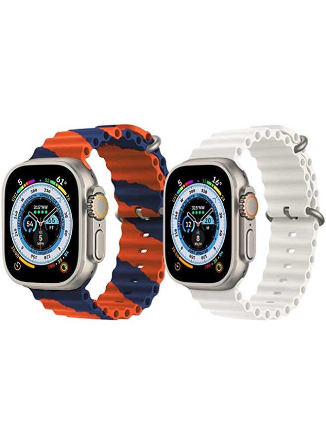 IAF Silicone Ocean Band Strap for Apple Watch Ultra 8 49mm Orange/Blue Double Line Strap with White Single Color Strap Set of 2