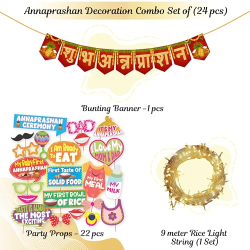 Wobbox Shubh Annaprashan Decoration Items Set which Includes Baby annaprashan Ceremony Props, Subh Annaprashan Banner, Rice Light Decoration, Rice Ceremony Decorations Items(27 Pcs Set)(FP5695) - Image 2