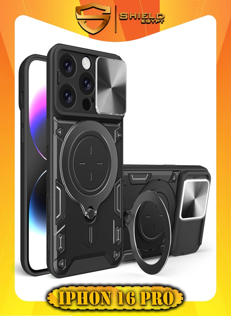 شيلد ايجيبت لهاتف ايفون 16 برو (iPhone 16 Pro) جراب حماية مع باب جرار لحماية عدسة  الكاميرا المدرعة مدمج بزاوية 360 درجة - (اسود)