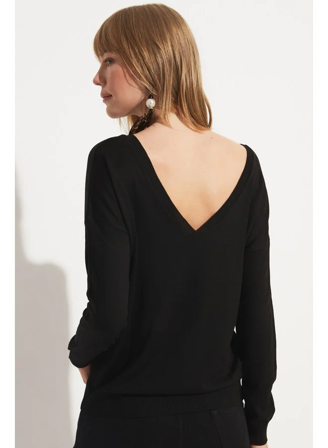 JUNE June WomenExclusive Viscose Blend Regular Fit Front Back V-Neck Knitwear Sweater Black