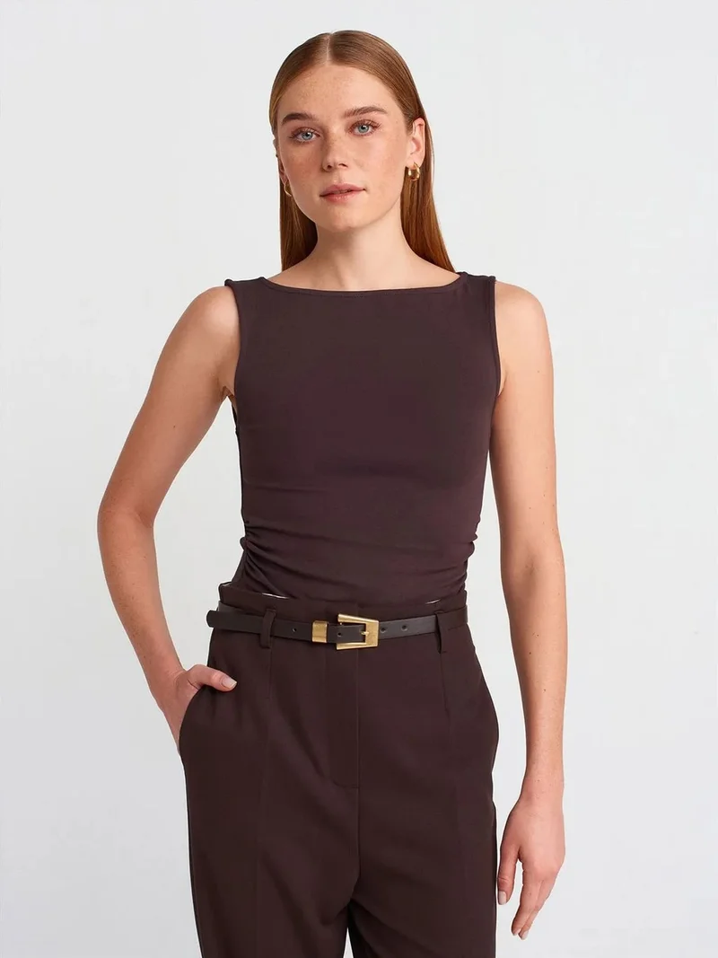 ديلفين DILVIN Sleeveless Boat Neck Jersey Blouse