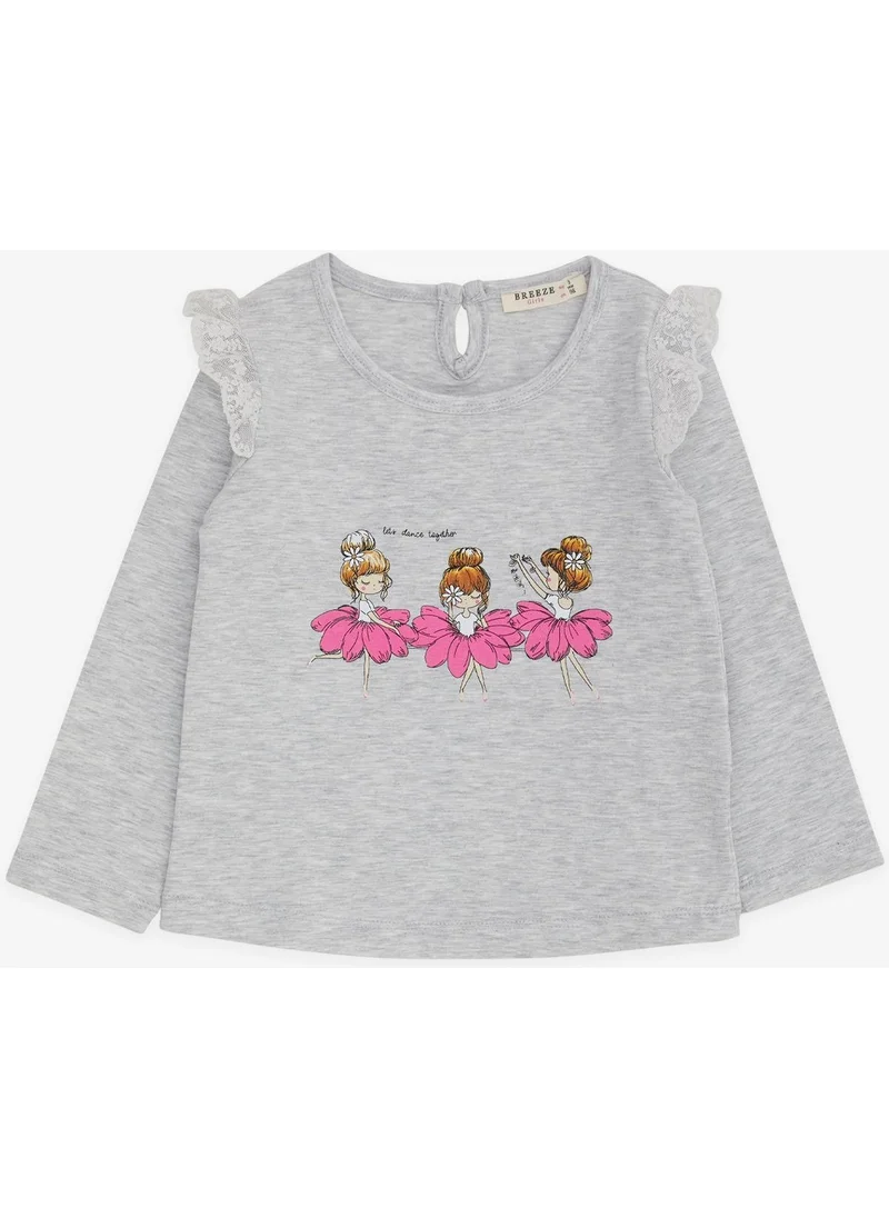Breeze Baby Girl Long Sleeve T-Shirt Dancer Girl Printed Laced 9 Months-3 Years, Light Gray Melange