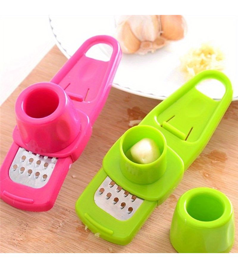 Green Manual Plastic Garlic Crusher Ginger Grater Slicer Kitchen Cooking Tool - Image 1