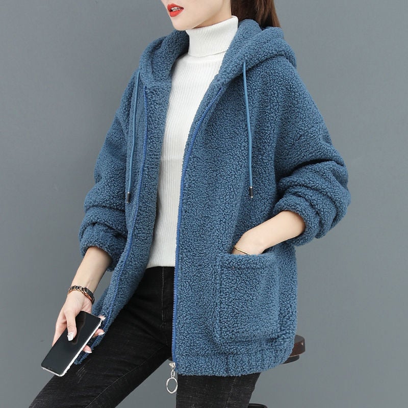 2023 Plush Hoodie Women Autumn Winter Korean Zip-up Fleece Jacket Black - Image 3