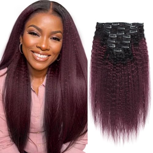 Sassina Hair Extensions Clip in Human Hair Kinki Straight Style Brazilian Virgin Hair for American Black Women Two Tone Color Natural Black to Dark Wine 120g per lot with 7 Pieces TN99J 16 Inch