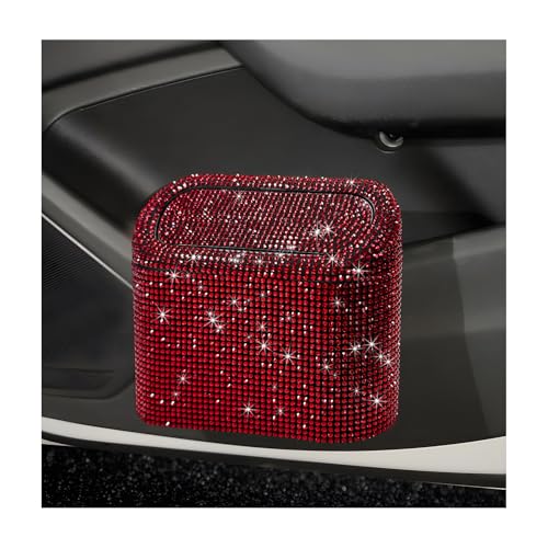 NYTKL Bling Car Trash Can with Lid Sparkly Mini Crystal Litter Container Auto Hanging Dustbin Leakproof Plastic Trash Bin Rhinestone Garbage Storage Organizer for Car Home Office Red - Image 1
