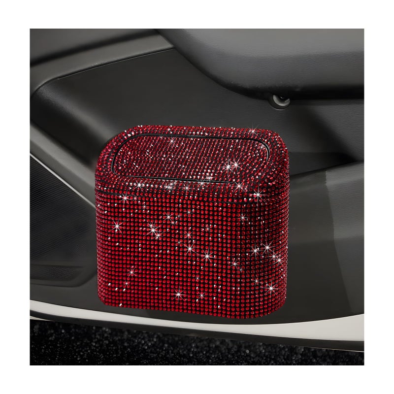 NYTKL Bling Car Trash Can with Lid Sparkly Mini Crystal Litter Container Auto Hanging Dustbin Leakproof Plastic Trash Bin Rhinestone Garbage Storage Organizer for Car Home Office Red - Image 3