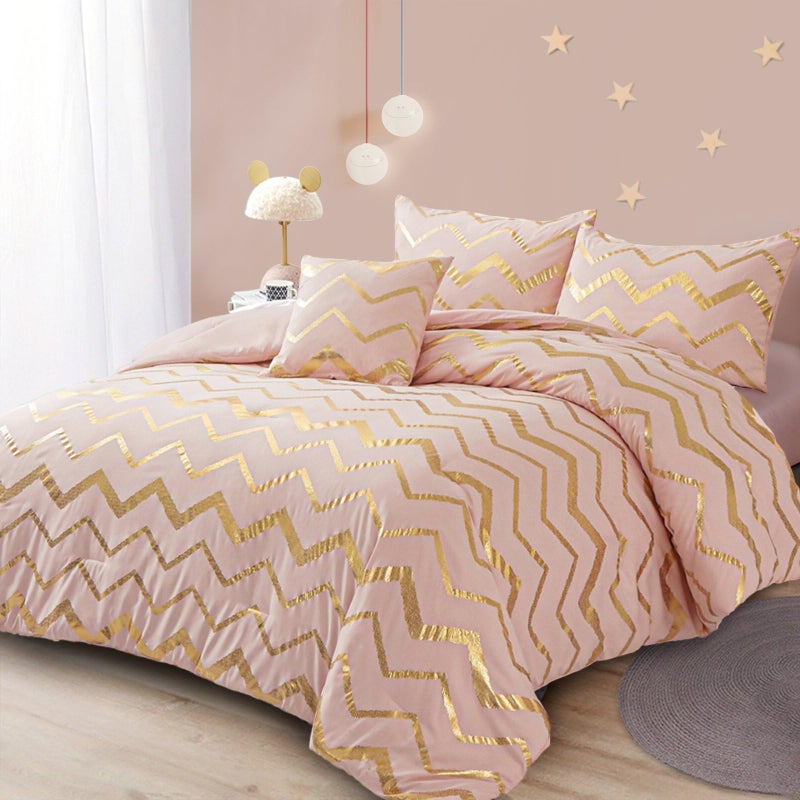 Menghomeus Pink Comforter Set King Size Metallic Blush and Rose Gold Bed Comforter 4 Piece Soft Microfiber Bedding for Teen Girls Women 2 Pillow Shams 1 Decorative Pillow Sham