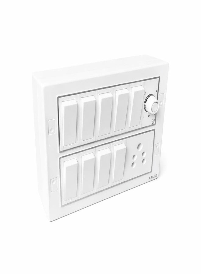 A1 LED 12 Modular Switch Board - 9 Switches (10A) 1 Socket (6A) & 1 Fan Regulator | Silver Line Wall Mount Panel | Shockproof & Fire Retardant | Home & Office | Whit - Image 1