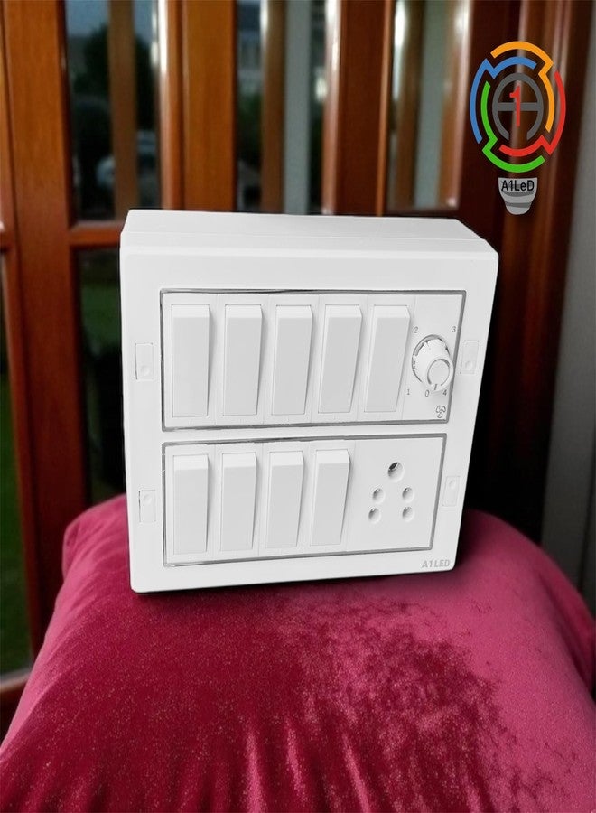 A1 LED 12 Modular Switch Board - 9 Switches (10A) 1 Socket (6A) & 1 Fan Regulator | Silver Line Wall Mount Panel | Shockproof & Fire Retardant | Home & Office | Whit - Image 4