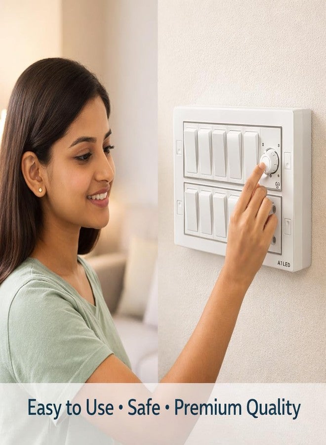 A1 LED 12 Modular Switch Board - 9 Switches (10A) 1 Socket (6A) & 1 Fan Regulator | Silver Line Wall Mount Panel | Shockproof & Fire Retardant | Home & Office | Whit - Image 3