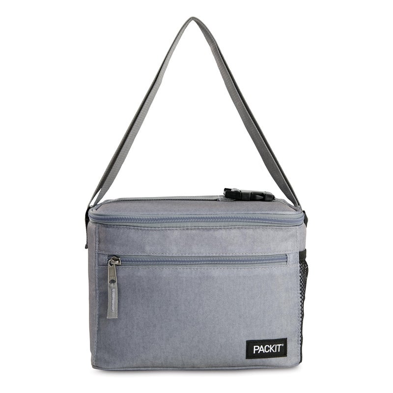 PackIt Freezable Essential Cooler Gray Fog Built with EcoFreeze Technology Fully Freezable Collapsible Reusable With Adjustable Crossbody Strap Top Clip Handle Designed for Fresh Office
