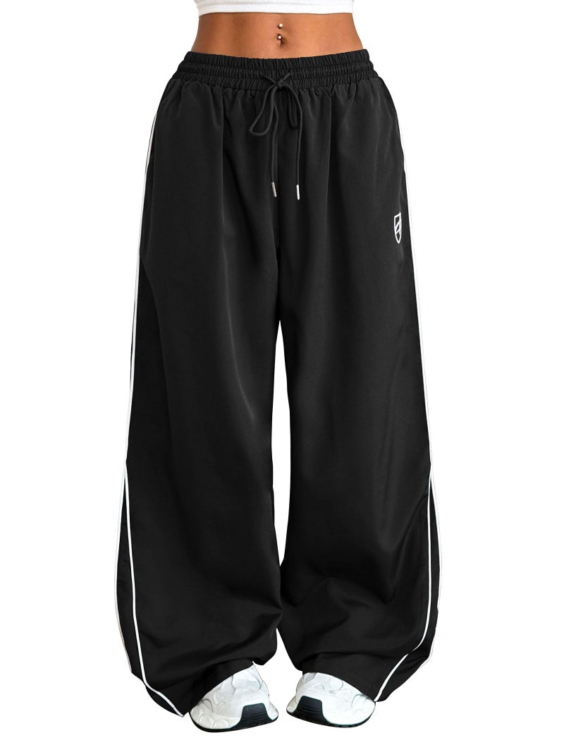 ZAFUL Womens Parachute Pants Y2k Baggy Elasitc Waist Track Pants Contrast Pipping Sweatpant Trousers(1-Black, M) - Image 1