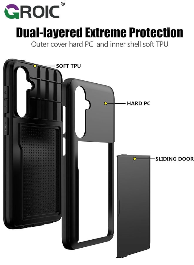 GROIC حافظة سامسونج S24 سوداء مع حامل بطاقة 5G 6.2 بوصة نحيفة بطبقة مزدوجة شديدة التحمل لهاتف جالاكسي S24 حافظة فتحة بطاقة مخفية لهاتف سامسونج S24 - Image 3