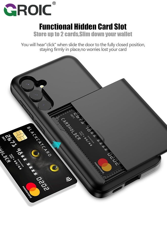 GROIC حافظة سامسونج S24 سوداء مع حامل بطاقة 5G 6.2 بوصة نحيفة بطبقة مزدوجة شديدة التحمل لهاتف جالاكسي S24 حافظة فتحة بطاقة مخفية لهاتف سامسونج S24 - Image 2