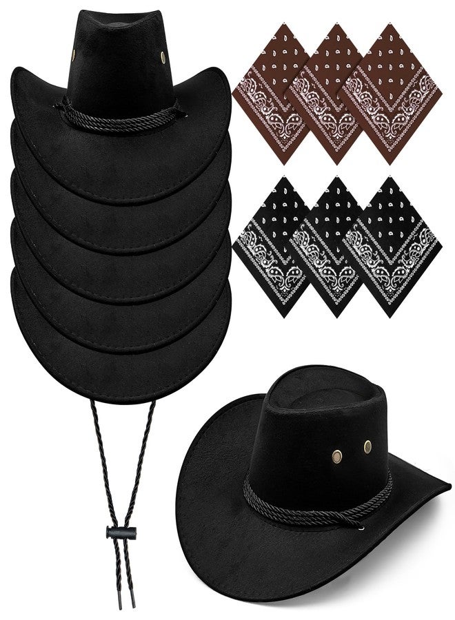 Komphy 12 Pack Cowboy Hat Bulk, Wide Brim Western Cowboy Hat Faux Suede Fedora Party Hats with Bandana and Adjustable Drawstring for Men Women Costume Party Black - Image 1