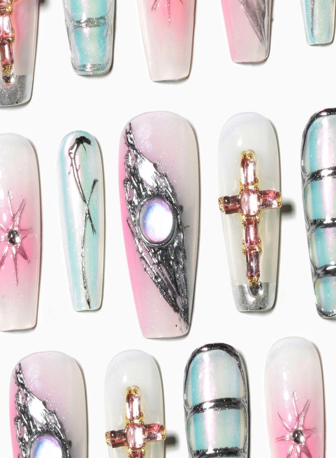 Sun&Beam Nails Handmade Press-on Medium Long Coffin Ballerina Pink Sliver Aurora Rhinestone Y2K Design False Nail Tips 10 Pcs (#137 XS) - Image 3