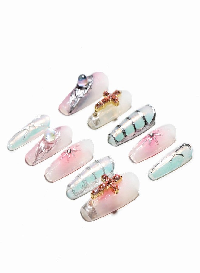 Sun&Beam Nails Handmade Press-on Medium Long Coffin Ballerina Pink Sliver Aurora Rhinestone Y2K Design False Nail Tips 10 Pcs (#137 XS) - Image 4