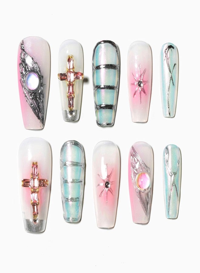 Sun&Beam Nails Handmade Press-on Medium Long Coffin Ballerina Pink Sliver Aurora Rhinestone Y2K Design False Nail Tips 10 Pcs (#137 XS) - Image 1