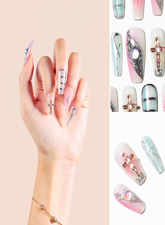Sun&Beam Nails Handmade Press-on Medium Long Coffin Ballerina Pink Sliver Aurora Rhinestone Y2K Design False Nail Tips 10 Pcs (#137 XS) - Image 2