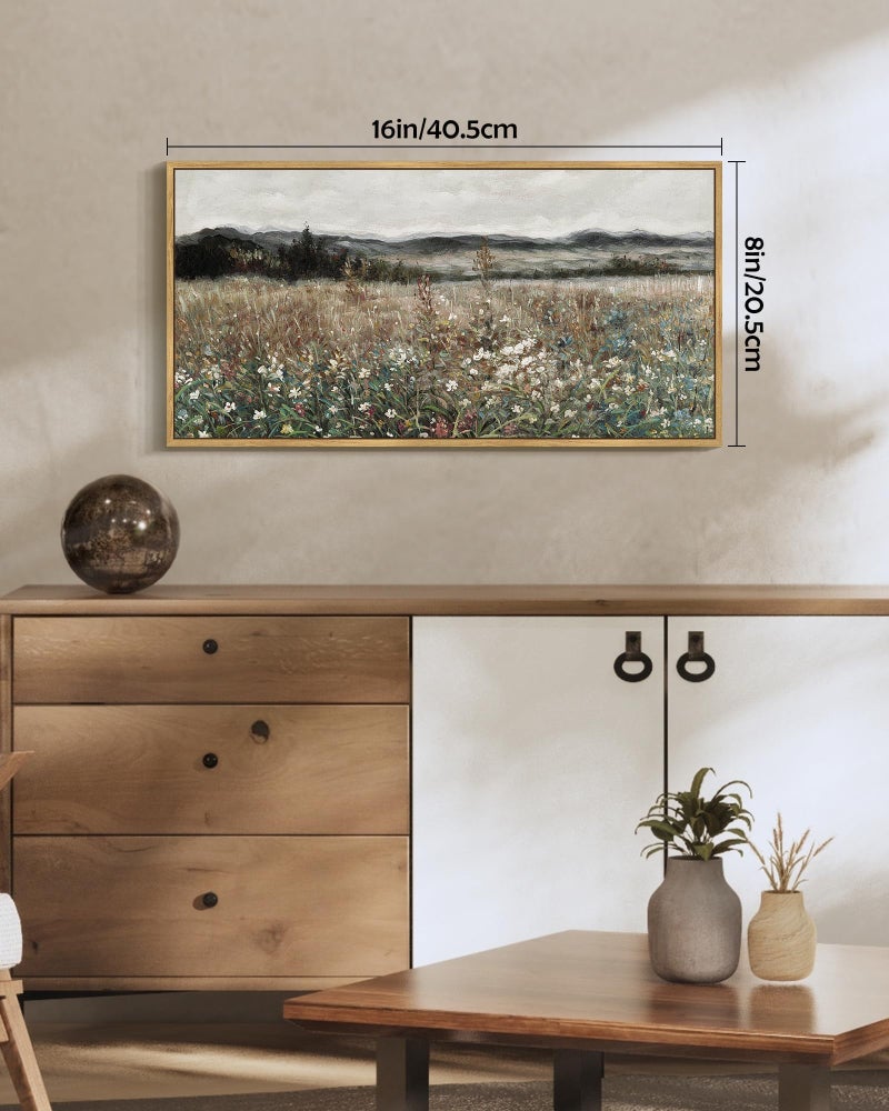 SHENIFY Vintage Landscape Framed Wall Art Meadow Flowers Farmhouse Decor Retro Classic Painting for Kitchen Bedroom Living Room Bathroom - 8x16in Natural Framed - Image 2
