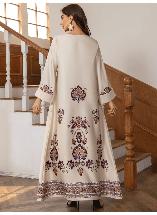 Madam Uniq Loose A-line Long Sleeve Vintage Printed Round Neck Robe with Rhinestone and Bead Embellishments