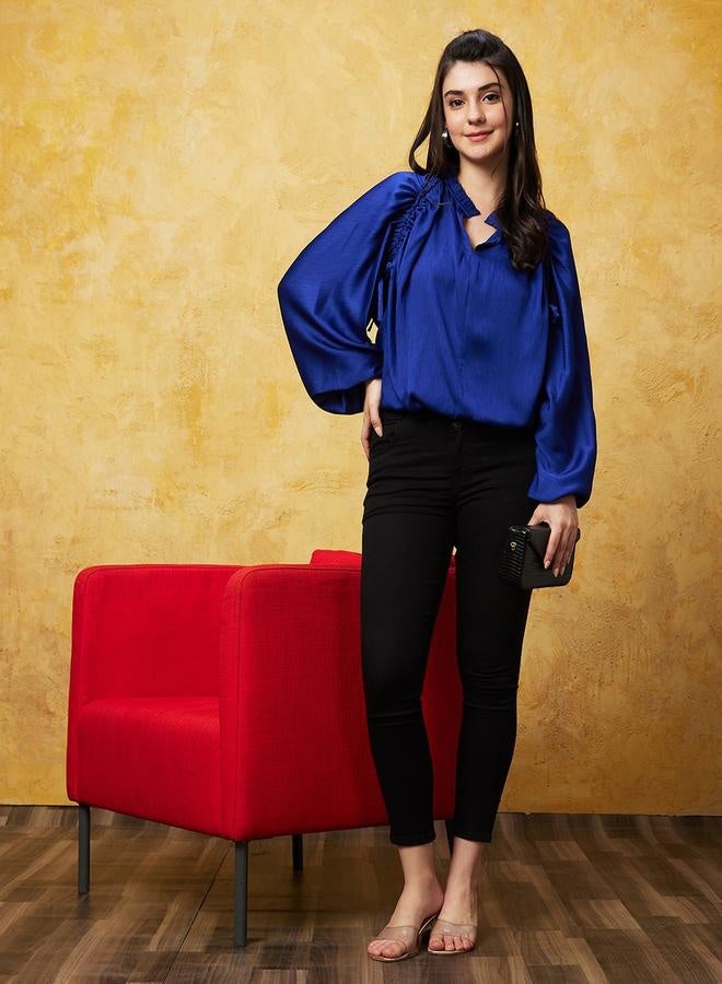 globus Textured Frilled Mandarin Collar Balloon Sleeves Top - Image 1
