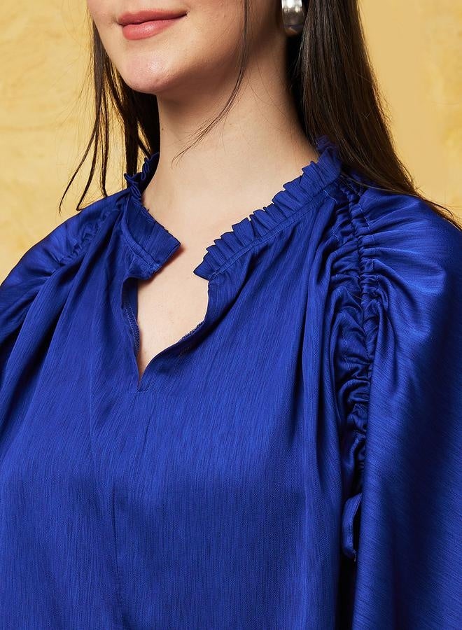 globus Textured Frilled Mandarin Collar Balloon Sleeves Top - Image 4