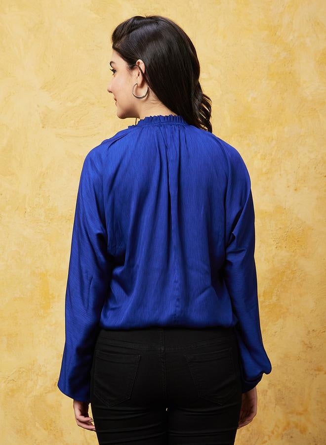 globus Textured Frilled Mandarin Collar Balloon Sleeves Top - Image 3