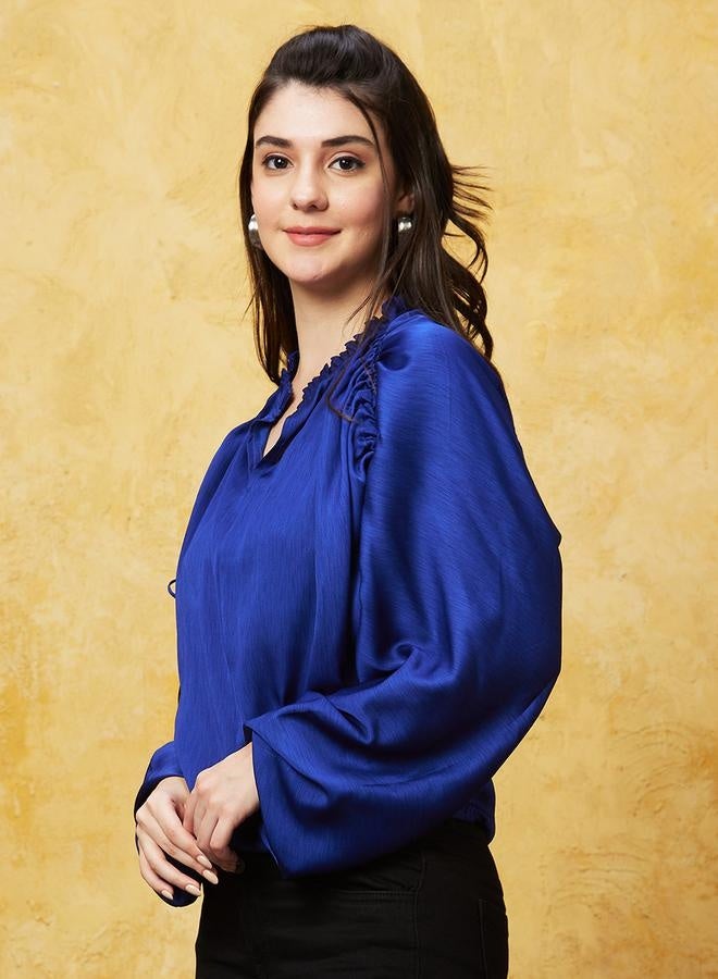 globus Textured Frilled Mandarin Collar Balloon Sleeves Top - Image 2