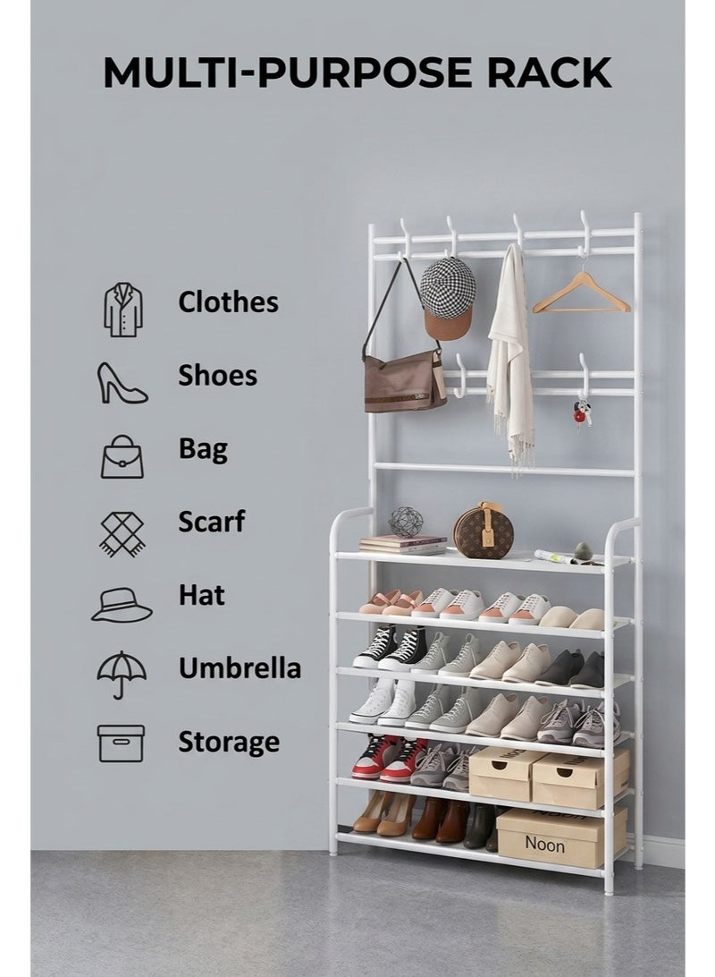 BLOOMING TIME 5-Tier Entryway Shoe Rack with Coat Hooks and Storage Shelf, Space-Saving Hallway Organizer - Image 4