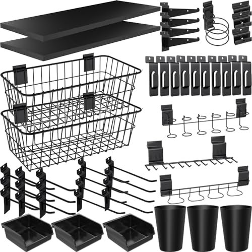 BeapTcely 43 Pcs Slatwall Accessories Organizer Kit with Slatwall Hook, Slatwall Shelves, Slatwall Basket, Slatwall Bin, Slatwall Cup, Slatwall Screwdriver Holder for Organizing Various Tools (Black) - Image 1