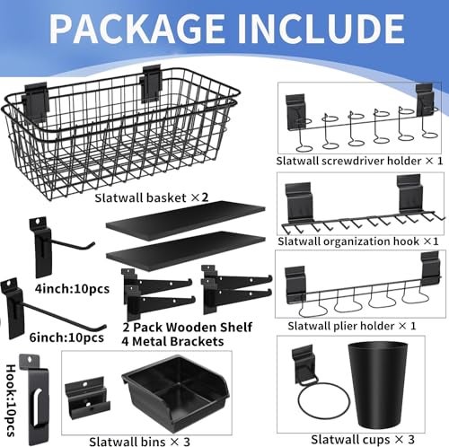 BeapTcely 43 Pcs Slatwall Accessories Organizer Kit with Slatwall Hook, Slatwall Shelves, Slatwall Basket, Slatwall Bin, Slatwall Cup, Slatwall Screwdriver Holder for Organizing Various Tools (Black) - Image 2