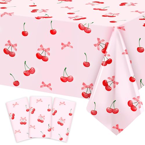 Caisehabu 3pcs Cherry Birthday Decorations Tablecloths Large Size Cherry and Bows Birthday Decorations Table Cloth for Cherries Themed Party 54 x 108 Inch - Image 1