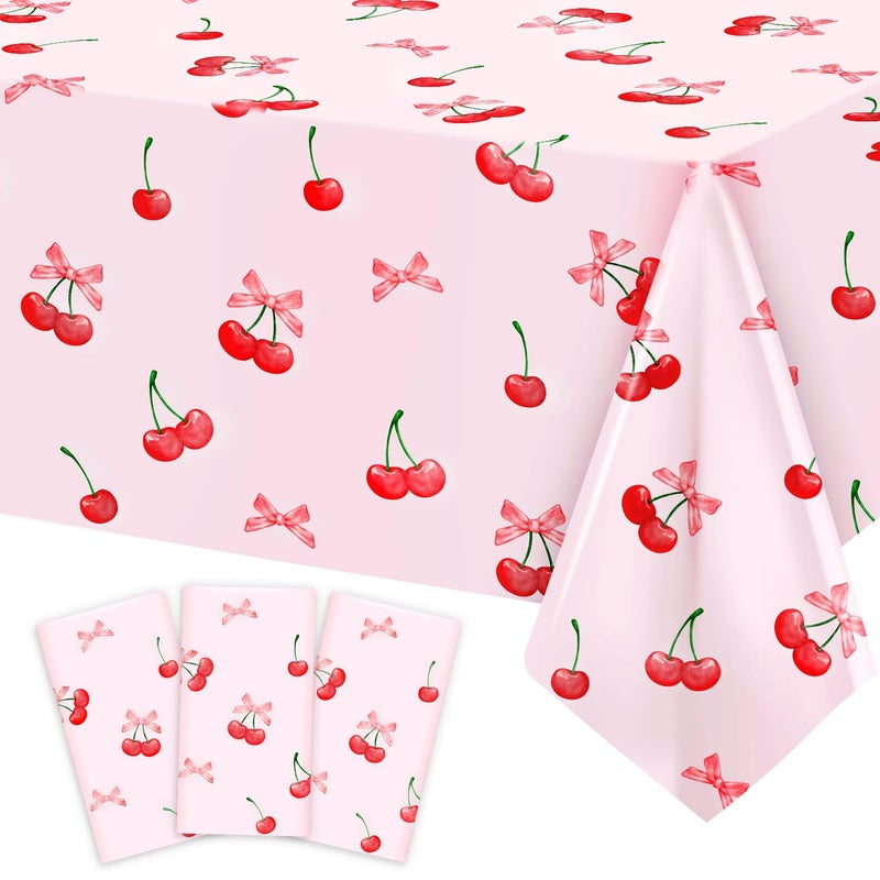 Caisehabu 3pcs Cherry Birthday Decorations Tablecloths Large Size Cherry and Bows Birthday Decorations Table Cloth for Cherries Themed Party 54 x 108 Inch - Image 2