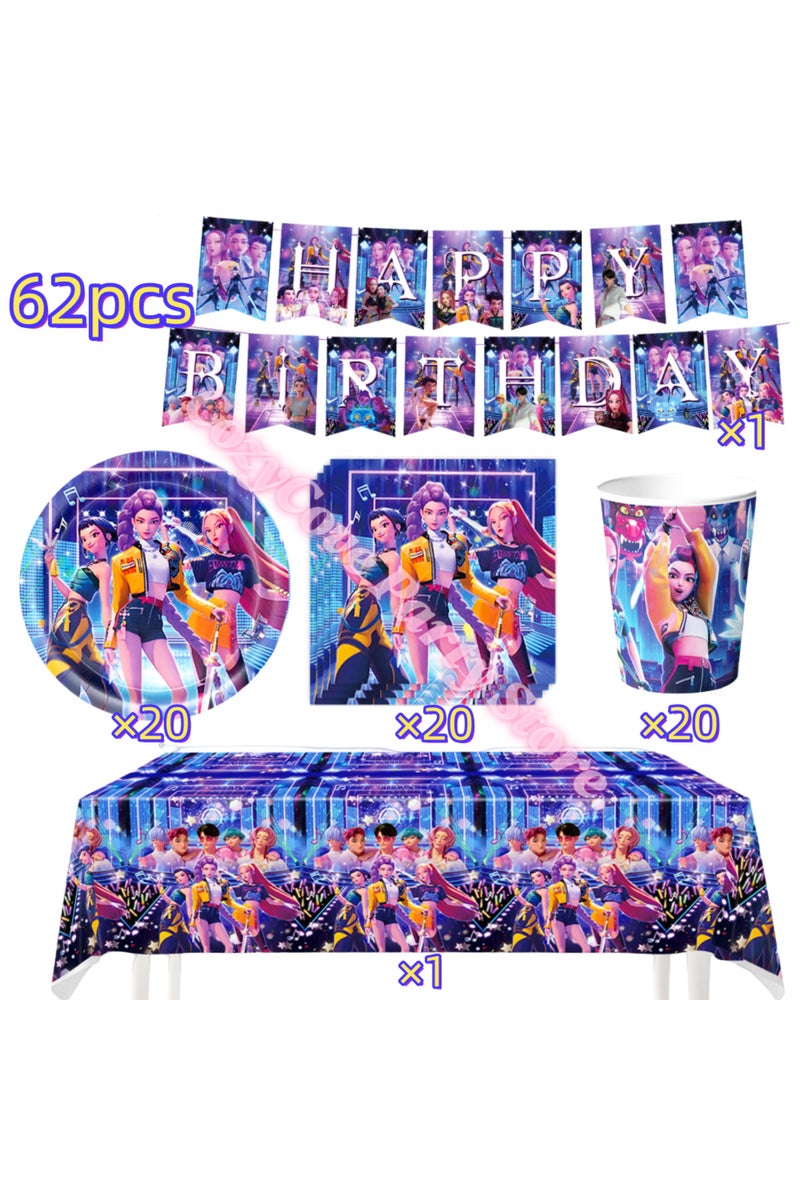 Other 62pcs New Demon Hunters Birthday Decoration Set Tableware Balloon Plate Cup for Girls Kpop Ani