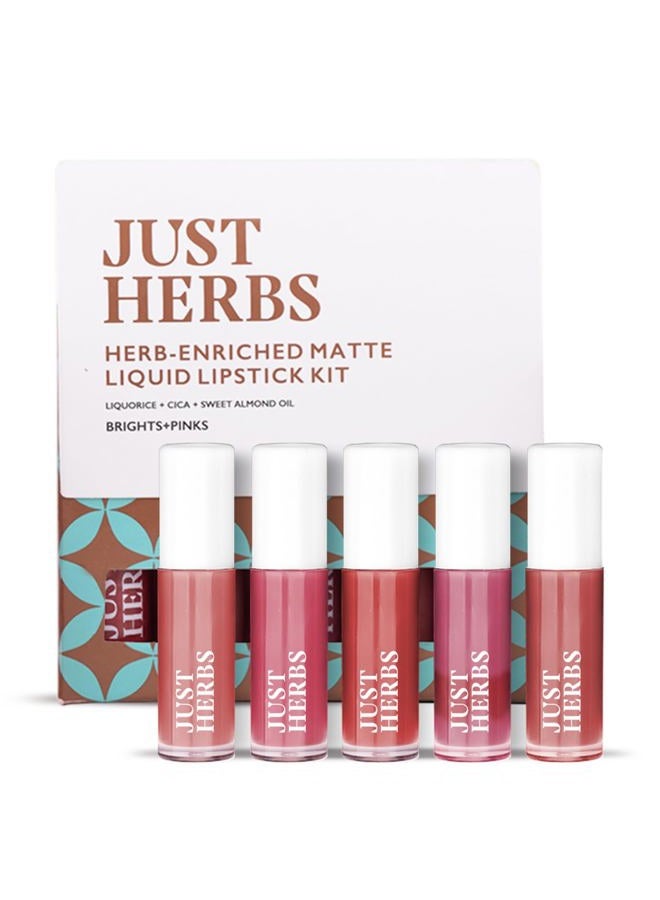 Just Herbs Organic Liquid Lipstick Kit Set of 5, Hydrating & Lightweight Lip Color - Paraben & Silicon Free - 1.6 fl oz. (Brights & Pinks) - Image 1