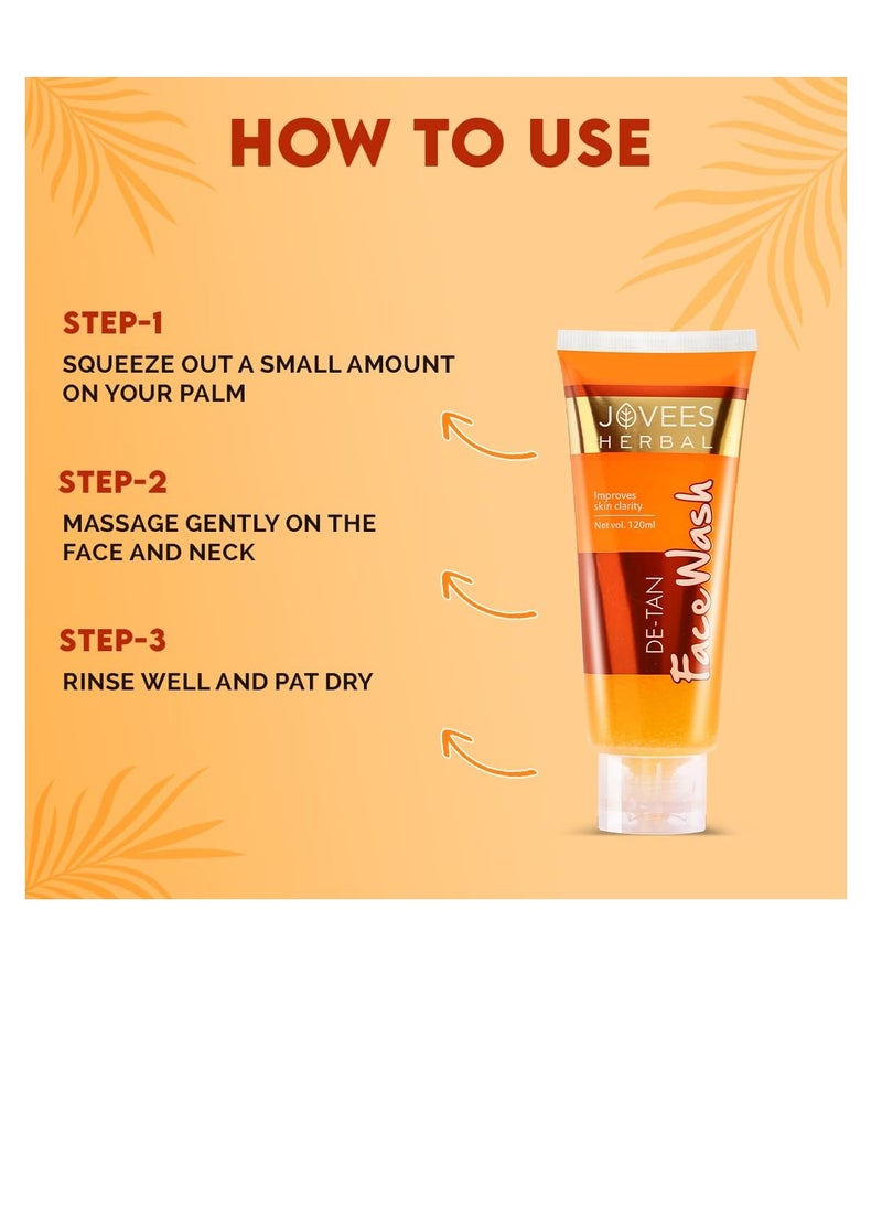 JOVEES HERBAL - Jovees Herbal De Tan Face Wash  For Women and Men   Tan Removal Brightening and Glowing Skin  100% Natural   Exfoliating and Clarifying 120 ML - Image 1