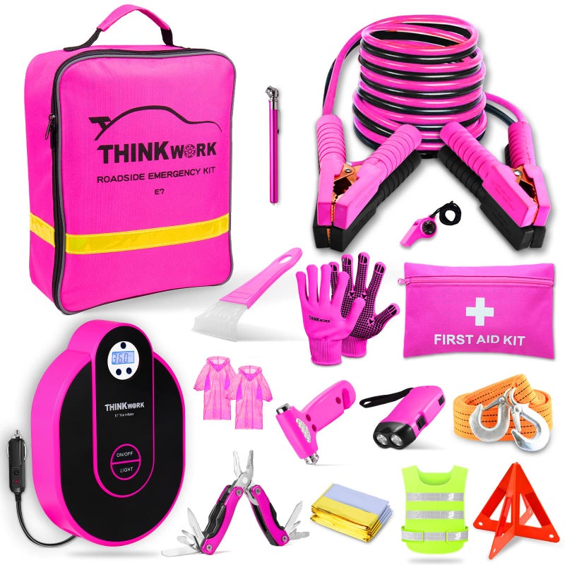 THINKWORK Car Emergency Kit for Teen Girl and Ladys Gifts Pink Emergency Roadside Assistance kit with Digital Air Compressor 10FT Jumper First Aid Kit and More Ideal Pink Car Accessories Tool E7
