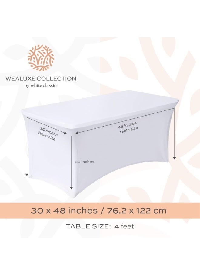 White Classic Stretch Spandex Table Covers 4FT, Pack of 2 Fitted Tablecloths for Rectangle Tables, Stretchy Wrinkle Resistant Folding Table Cover, White  - Image 2