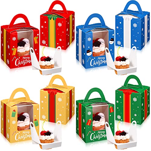 TaoBary 24 Pcs Christmas Cupcake Boxes Xmas Individual Cupcake Box Christmas Cookie Boxes with Window Insert Handle Muffin Pastry Holder Bakery Treat Box for Xmas PartySnowflake - Image 1