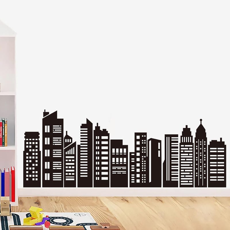decalmile Black City Skyline Wall Stickers Silhouette Hero Wall Decals Kids Bedroom Boys Room Bathroom Wall Decor - Image 1