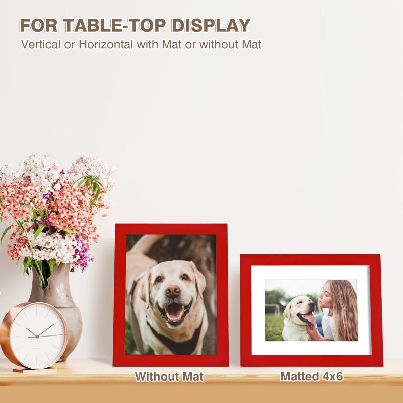 KINLINK 6x8 Picture Frames Red  Wood Frames with Acrylic Plexiglass for Pictures 4x6 with Mat or 6x8 without Mat  Tabletop and Wall Mounting Display  1 Pack - Image 5