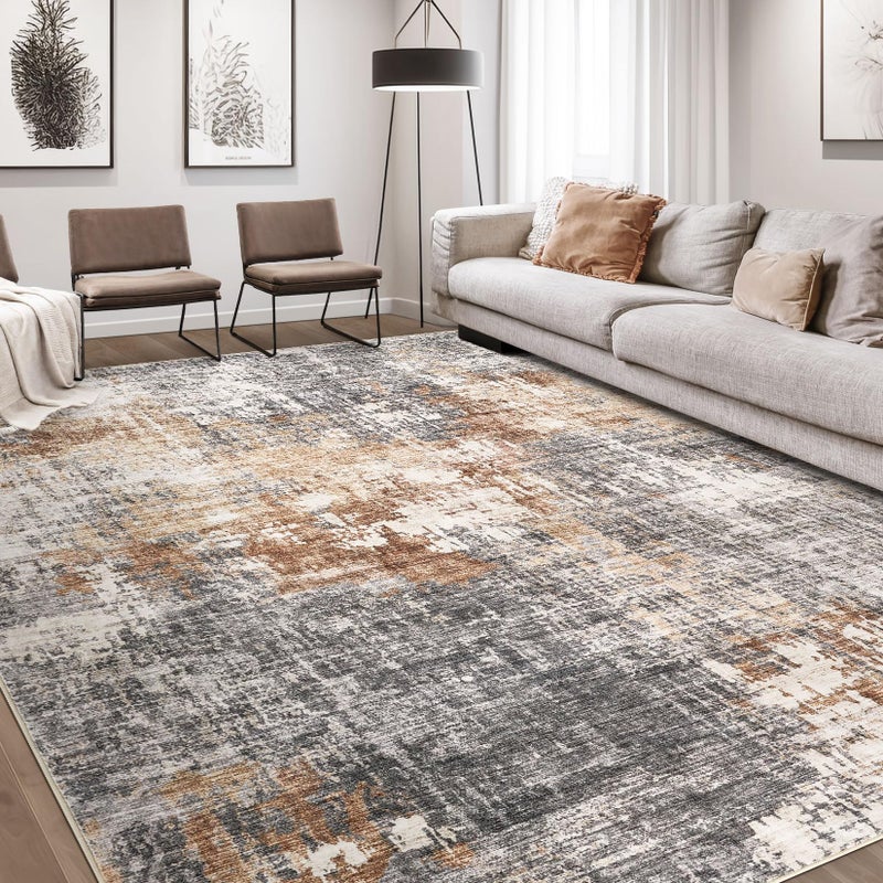 DMOYEST Area Rug Living Room Rugs - 8x10 Washable Large Soft Indoor Neutral Modern Abstract Low Pile Rug Carpet for Bedroom Dining Room Farmhouse Home Office - Grey Brown - Image 1