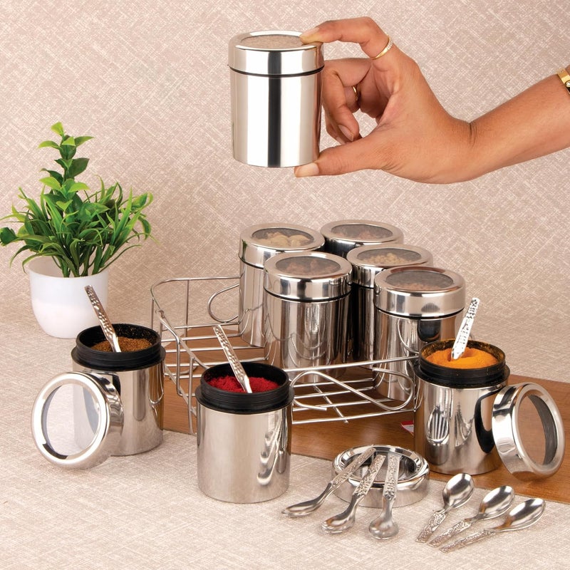STEEPLE 9 In 1 Compartment Stainless Steel Masala Dani Spice Box with SeeThrough Lid 9 Container Organizer for Spices and Herbs 200ml Each Container - Image 1